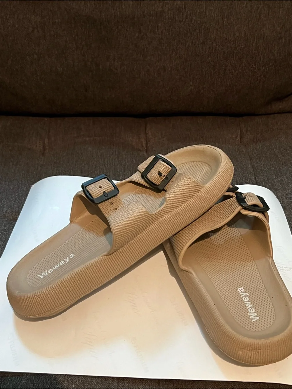 Men’s Tan Double-Buckle Slide Sandals